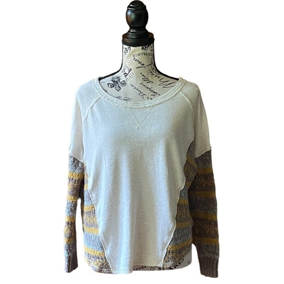 Free People Women's White Green Brown Mixed Media Lightweight Boho Jumper XS - Picture 2 of 11